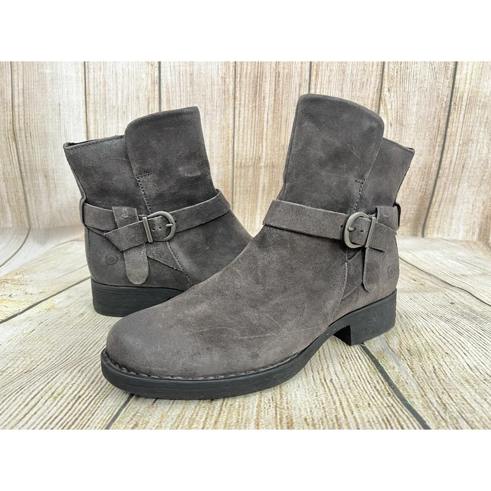 Born Syd Gray Suede Ankle Boots 8.5 M Buckle Moto Western Distressed F50042